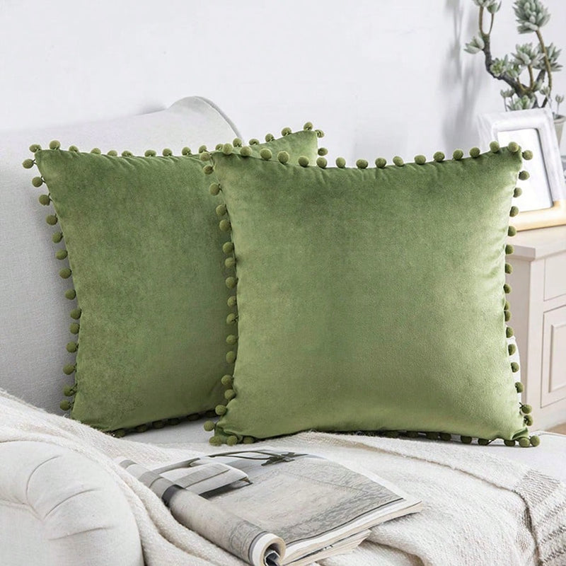 1pc Soft Velvet Fluffy Pom Pom Decorative Cushion Cover, 18 X 18 Inches