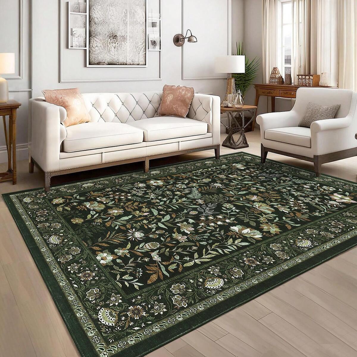 1PCS Room Decor Floral Pattern Modern Washable Low Pile Bordered Area Rug For Bedroom Contemporary Leaf Non Slip Large Rug Low Pile Stain Resistant Carpet For Classroom Dining Room Runner For Hallway Kitchen Enterway