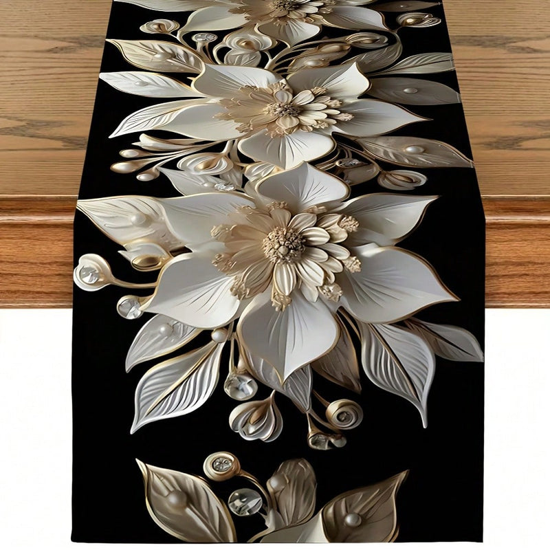 1pc Elegant White And Gold Floral Table Runner - Burlap Texture, Rectangular, Ideal For Holiday Dining And Outdoor Parties