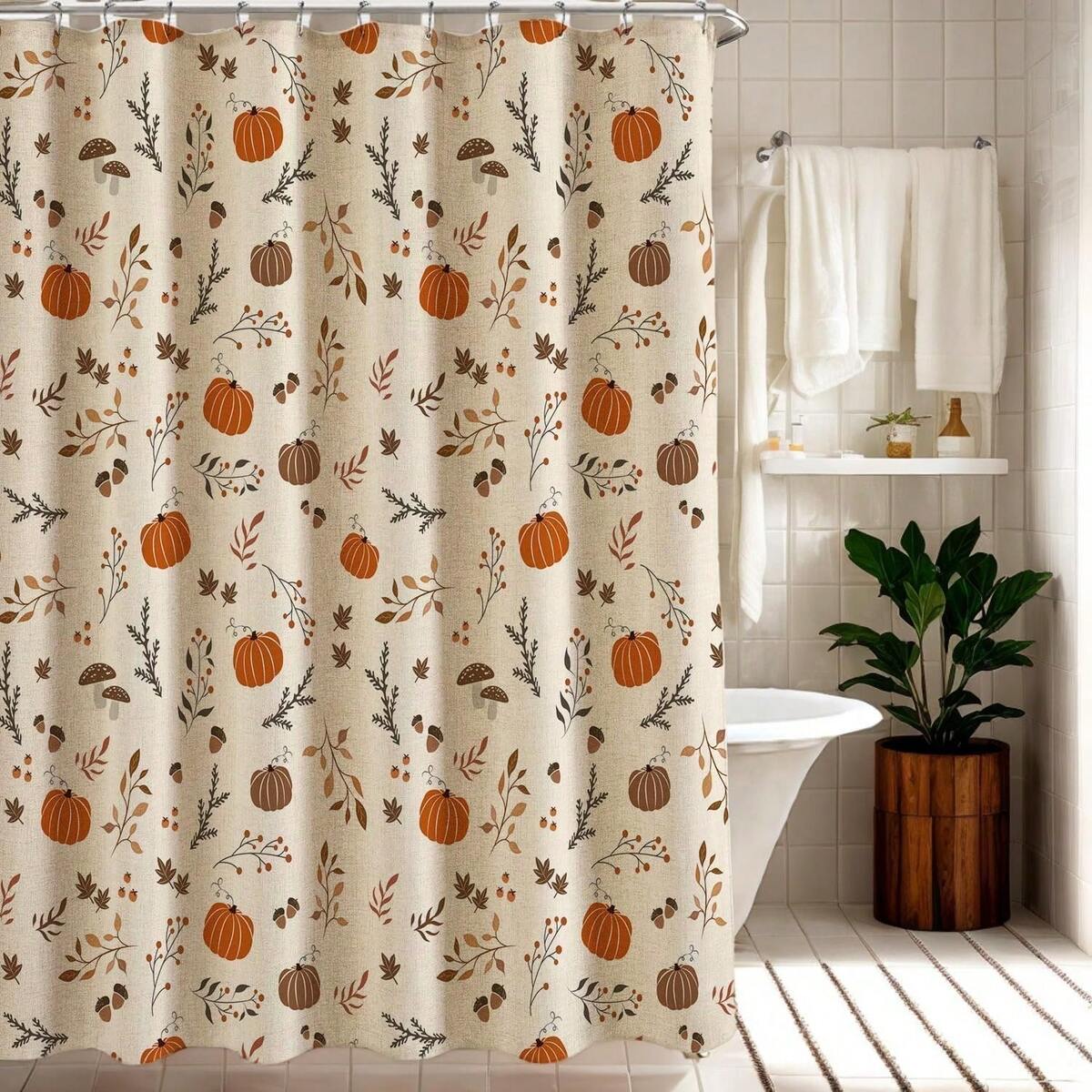 Autumn Harvest Shower Curtain, Fall Leaves Pumpkin Fruits Cozy Waterproof Bathroom Decor