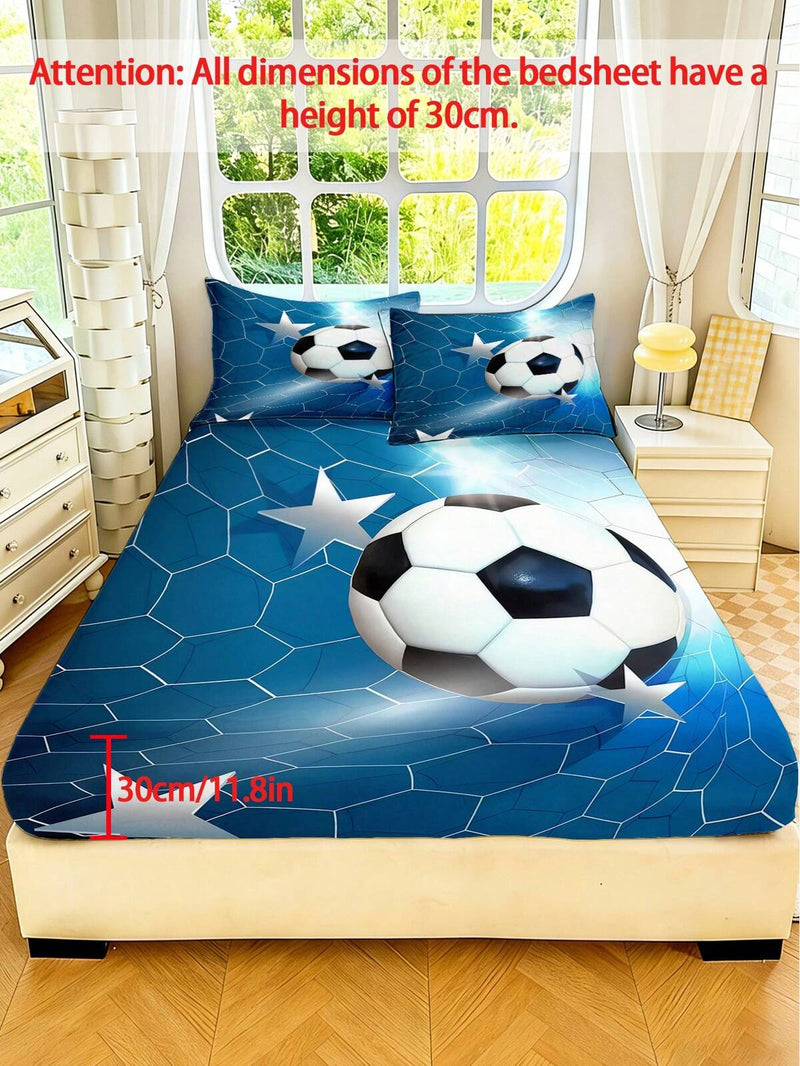2/3PCS Background Football Star Printed Children'S Bed Sheet, Sports Style Polyester Material Bed Sheet, 30cm High Full Edge Non Slip Bed Cover, Skin Friendly, Breathable And Machine Washable, Suitable For Daily Use In Boys' Rooms And Bedrooms