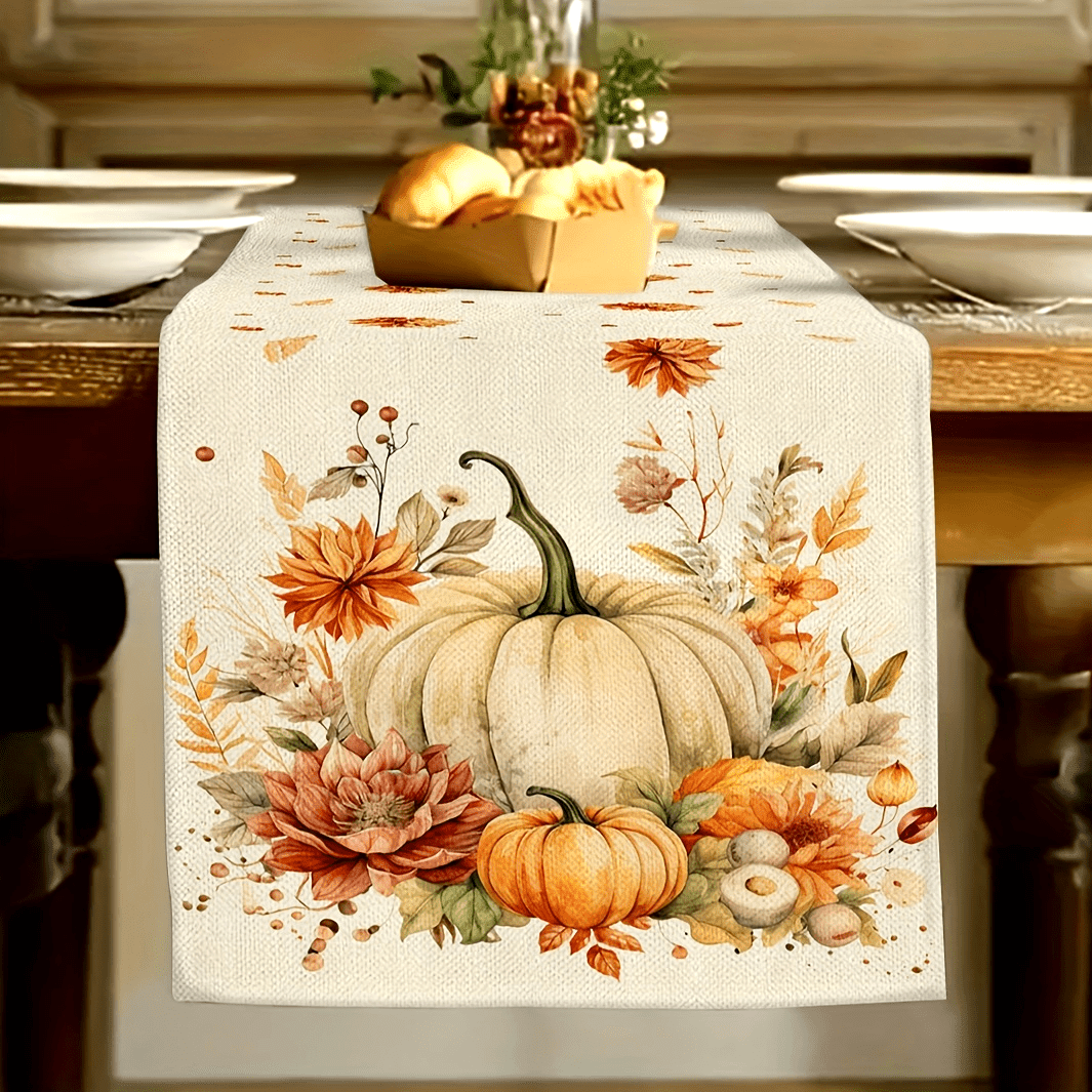 1pc Fall Watercolor Pumpkin & Floral Print Table Runner, Rustic Farmhouse Style Table Runner, Machine Washable Dining Table Scarf For Autumn Harvest, Thanksgiving, Everyday Home Decor